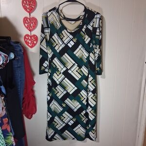 Cato Geometric Black and Green Long Sleeve Dress
